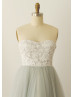 Grey Lace Tulle Long  Prom Dress